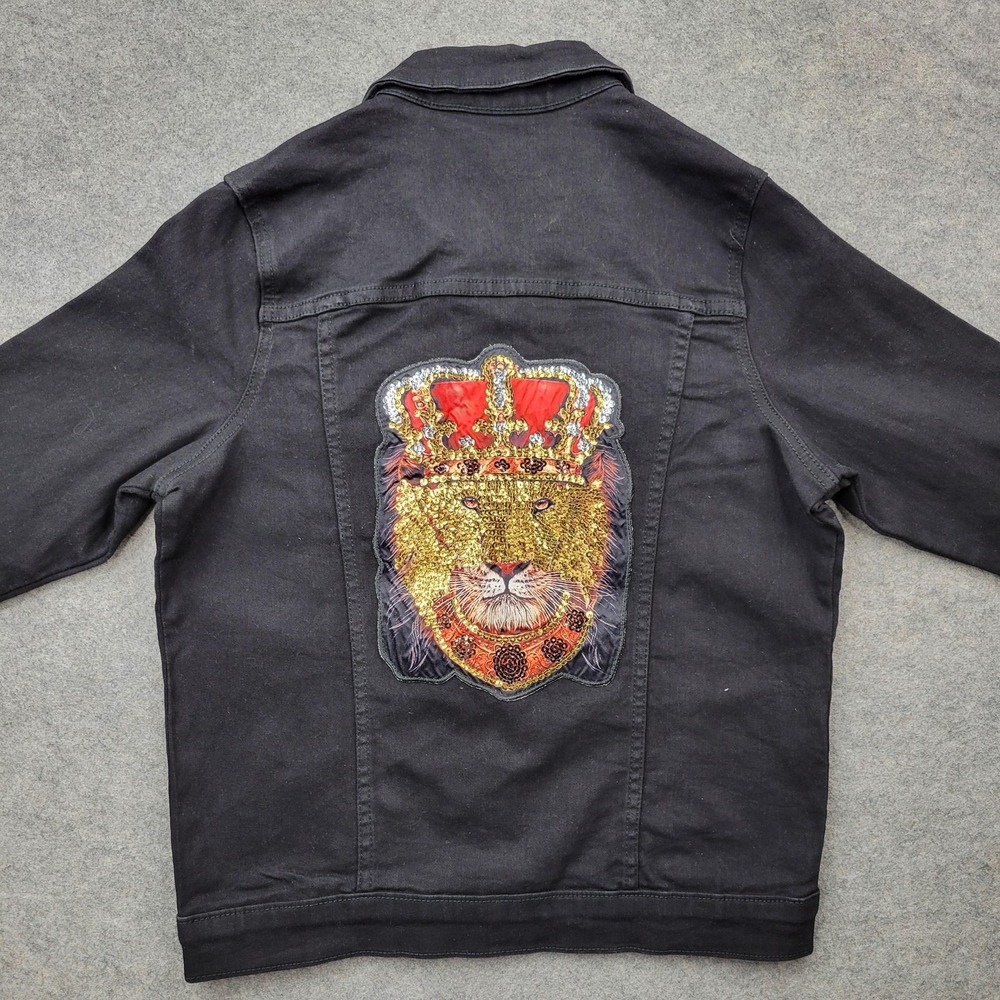 Bebe Jacket Women Small NAU‎ Black Denim Button Lion Sequin Back Patch